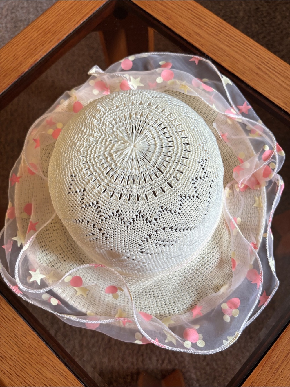 Girls kids White Crochet Sun Hat with Sheer Star & Dot Trim
